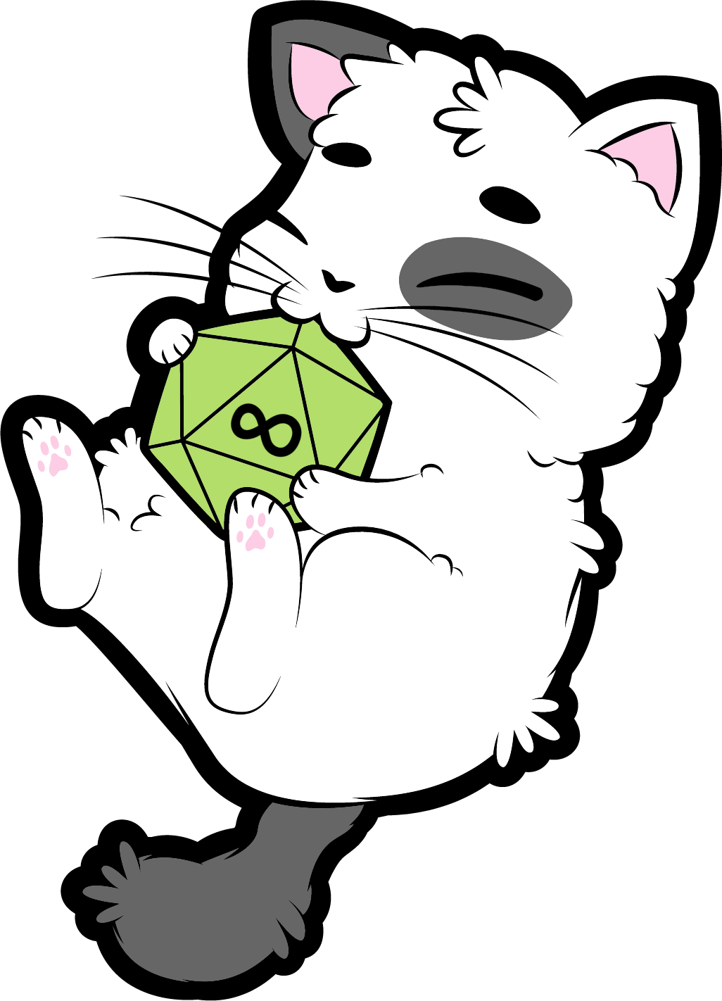 Grey and White Kawaii Kitten with a Green Infinity Die